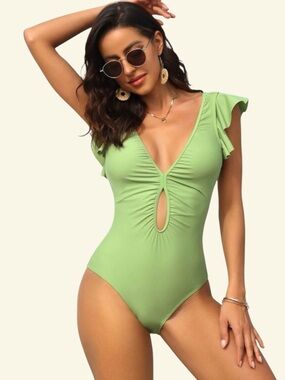Lt. Green Ruffled Sleeve V Neck Tummy Control High Cut One-piece Swimsuit